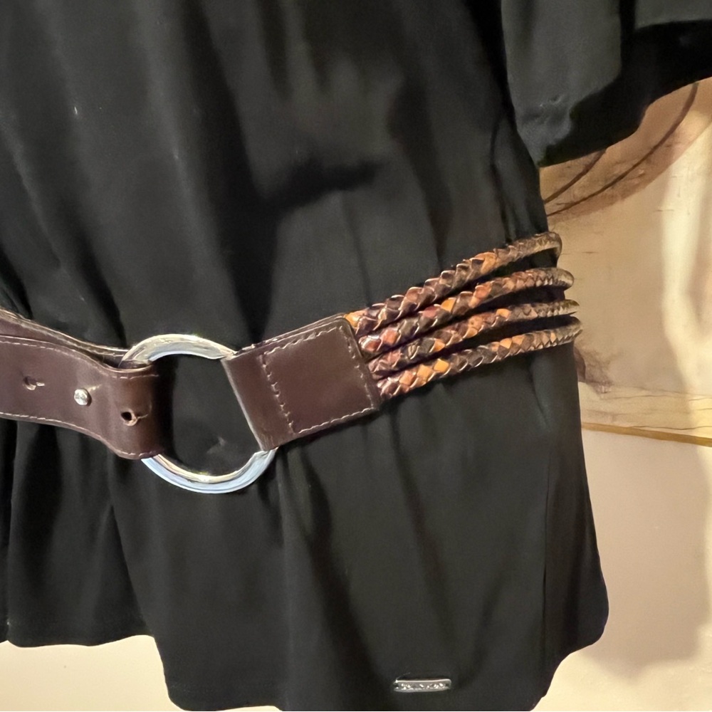S L Ellen Tracy Dark Brown Genuine Leather Braided Belt with Silver O Ring